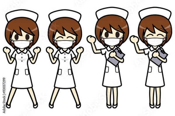 Obraz シンプルキャラクター　会話・表情イラスト集　看護師（マスク）　女性　ガッツポーズ2