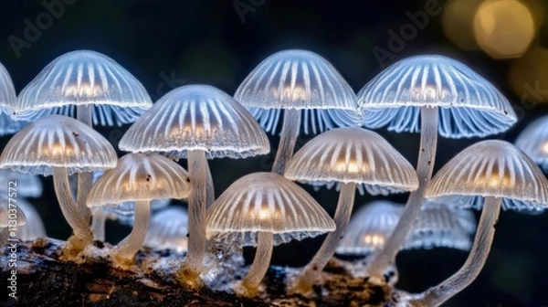 Obraz A macro shot of translucent fairy inkcap mushrooms clustered closely