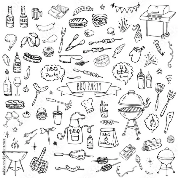 Obraz Ręcznie rysowane doodle zestaw ikon BBQ party Ilustracja wektorowa kolekcja symboli letnich grill Cartoon różne posiłki, napoje, składniki i elementy dekoracji na białym tle Szkic