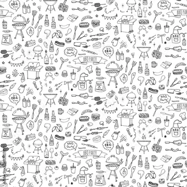Obraz Bezszwowe tło ręcznie rysowane doodle zestaw ikon BBQ party ilustracja wektorowa kolekcja symboli grilla lato kreskówka różne posiłki, napoje, składniki i elementy dekoracji na białym tle