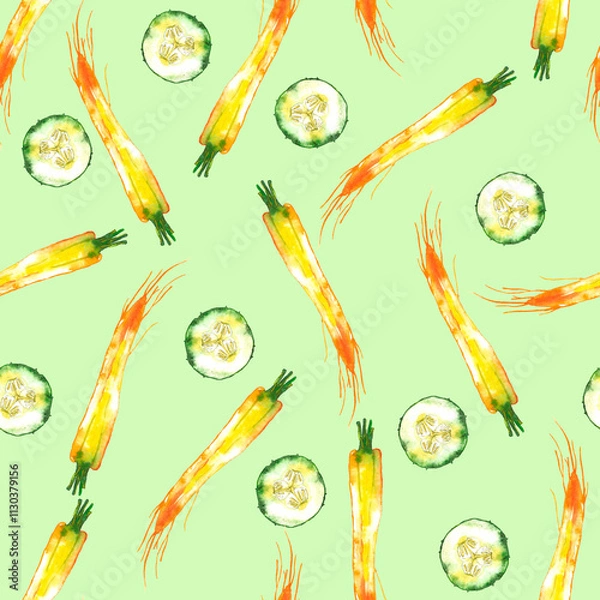 Obraz Watercolor vegetable carrot, cucumber pattern, juicy fresh. Watercolor illustration