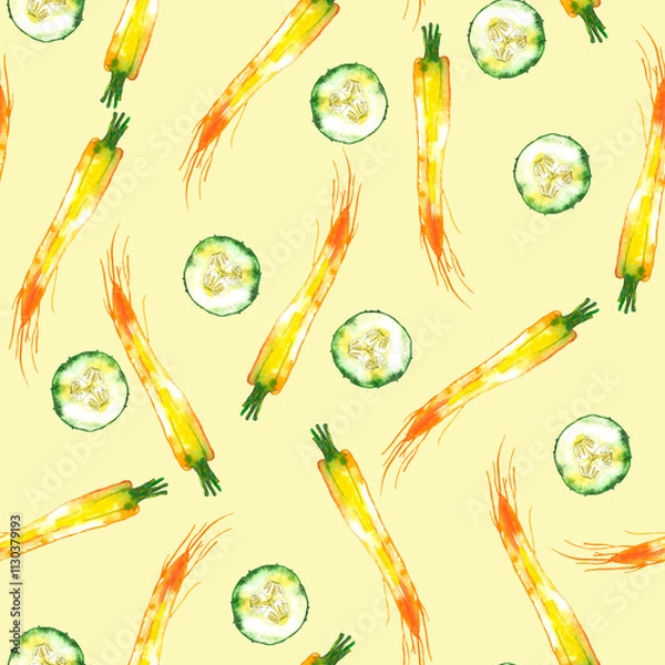 Obraz Watercolor vegetable carrot, cucumber pattern, juicy fresh. Watercolor illustration