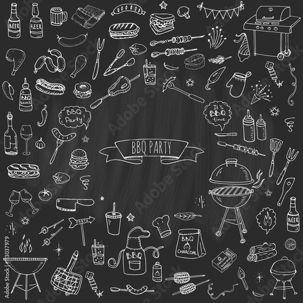 Obraz Ręcznie rysowane doodle zestaw ikon BBQ party ilustracja wektorowa kolekcja symboli letniego grilla kreskówka różne posiłki, napoje, składniki i elementy dekoracji na białym tle szkic