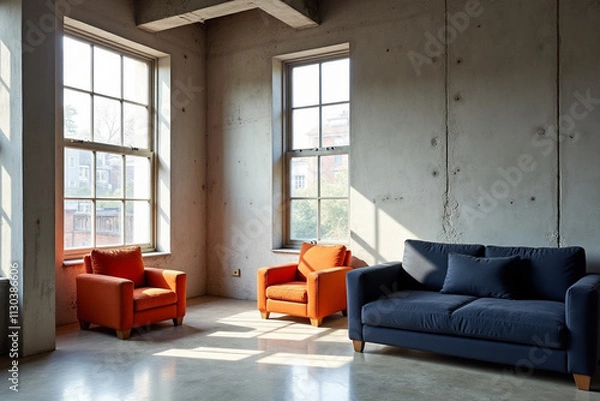 Fototapeta A sleek and modern living room scene: a stark concrete wall provides a dramatic backdrop for a minimalist design. Two vibrant orange armchairs sit harmoniously alongside a dark blue sofa, their bold c