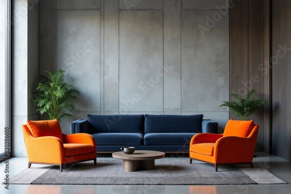 Fototapeta A sleek and modern living room scene: a stark concrete wall provides a dramatic backdrop for a minimalist design. Two vibrant orange armchairs sit harmoniously alongside a dark blue sofa, their bold c