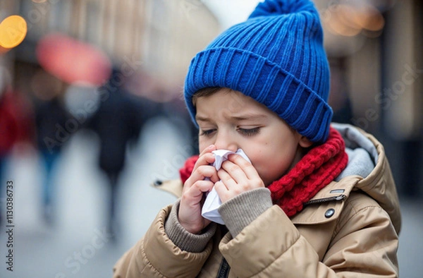 Fototapeta Young child wiping nose while walking through a bustling city in winter attire on a chilly day