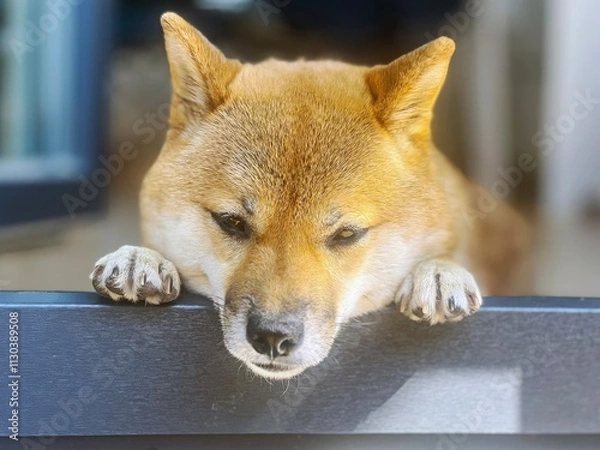 Fototapeta Adorable red Shiba Inu dog curiously peeking out of a window. High-quality, pet-friendly image perfect for home, lifestyle, or curiosity-themed projects. Copy space.