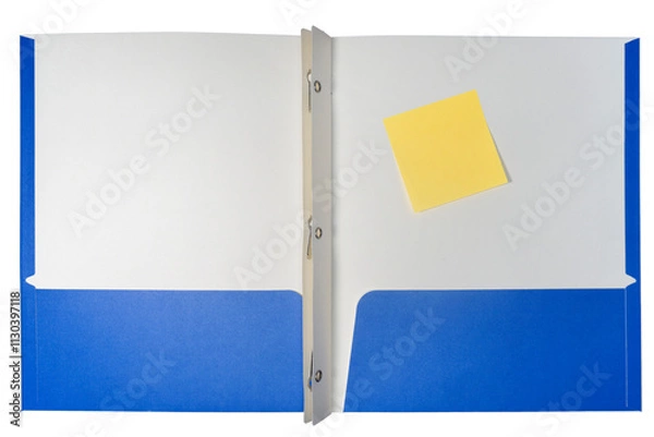 Obraz blue school folder with yellow sticky note isolated on white background