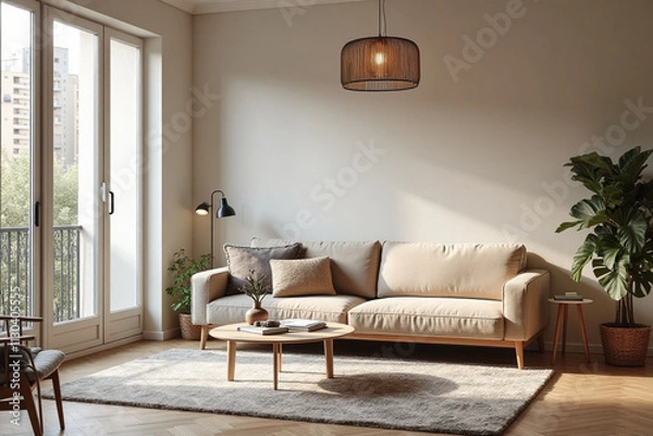 Fototapeta A stylish Parisian apartment reveals its modern living room, infused with Scandinavian charm. The camera captures a cozy corner, bathed in soft, natural light streaming through the floor-to-ceiling wi