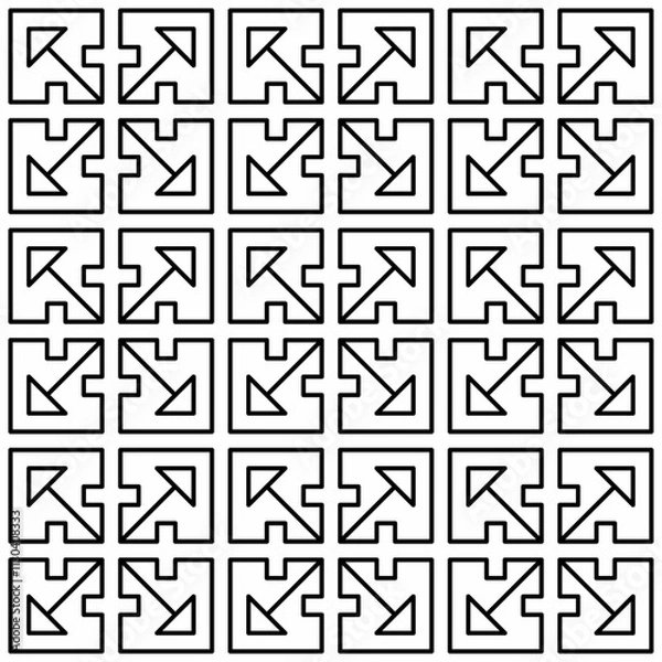 Fototapeta Seamless black and white geometric pattern consisting of abstract shapes with lines forming like arrows in a grid layout. Suitable for backgrounds, textiles, wallpaper and graphic design projects.