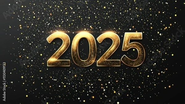 Fototapeta A sleek, modern design featuring "2025" in bold, futuristic font on a black background with golden sparkles