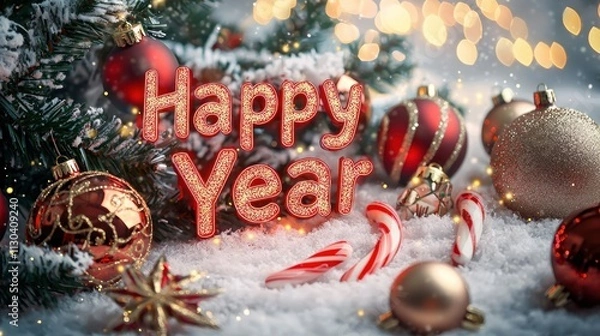 Fototapeta A snowy Christmas background with "Happy New Year 2025" written in glowing red and gold, surrounded by holiday decorations like ornaments and candy canes