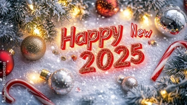 Fototapeta A snowy Christmas background with "Happy New Year 2025" written in glowing red and gold, surrounded by holiday decorations like ornaments and candy canes