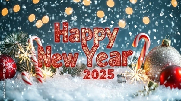 Fototapeta A snowy Christmas background with "Happy New Year 2025" written in glowing red and gold, surrounded by holiday decorations like ornaments and candy canes