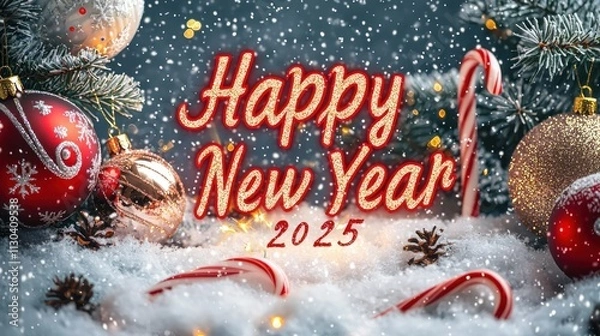 Fototapeta A snowy Christmas background with "Happy New Year 2025" written in glowing red and gold, surrounded by holiday decorations like ornaments and candy canes