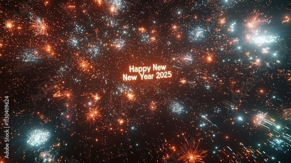 Fototapeta A starry night sky featuring fireworks and twinkling lights, with the phrase "Happy New Year 2025" glowing in the center