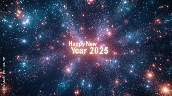 Fototapeta A starry night sky featuring fireworks and twinkling lights, with the phrase "Happy New Year 2025" glowing in the center 