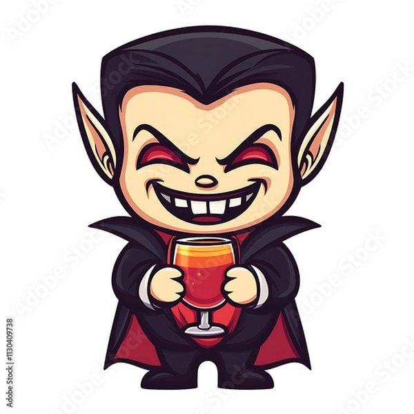 Fototapeta Cute vampire character holding drink, smiling mischievously