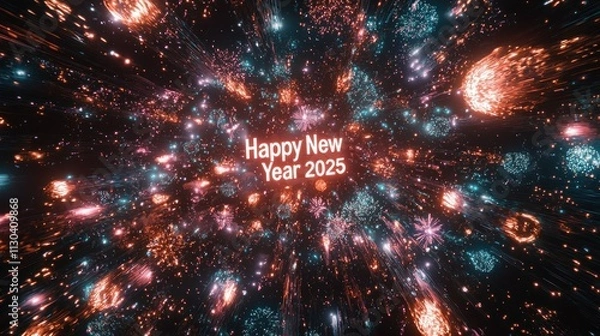 Fototapeta A starry night sky featuring fireworks and twinkling lights, with the phrase "Happy New Year 2025" glowing in the center