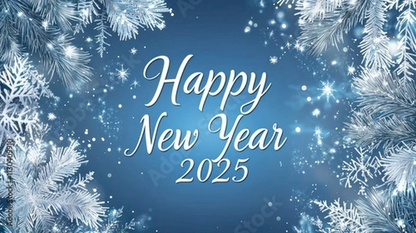 Fototapeta A subtle gradient background in festive blue and silver, with "Happy New Year 2025" written in script font