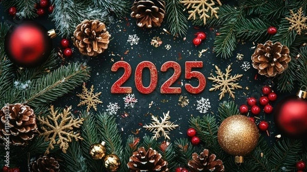 Fototapeta A traditional New Year card with "2025" in red and gold surrounded by classic holiday elements like pinecones, snowflakes, and ornaments