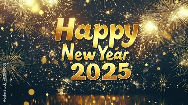 Fototapeta A vibrant golden "Happy New Year 2025" sign glowing against a dark, sparkling background with fireworks in the sky 