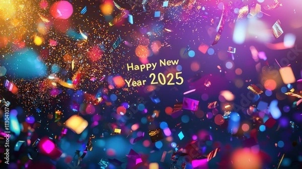 Fototapeta A vibrant "Happy New Year 2025" card featuring colorful fireworks, confetti, and glowing typography on a dark gradient background