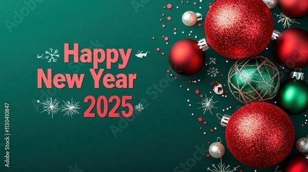 Fototapeta A vibrant red-and-green background with subtle Christmas baubles, complemented by a bold "Happy New Year 2025" in modern, elegant typography