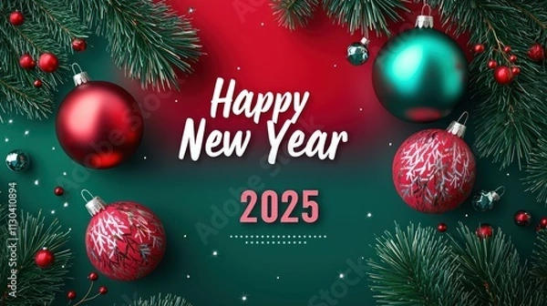 Fototapeta A vibrant red-and-green background with subtle Christmas baubles, complemented by a bold "Happy New Year 2025" in modern, elegant typography