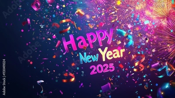 Fototapeta A vibrant "Happy New Year 2025" card featuring colorful fireworks, confetti, and glowing typography on a dark gradient background 