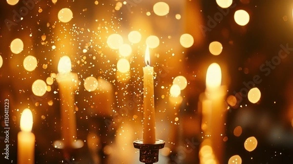 Fototapeta A blurred image of champagne glasses and candles with golden sparkles in the foreground 