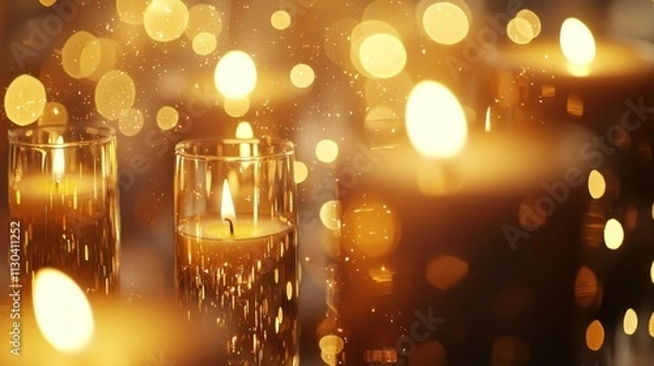 Fototapeta A blurred image of champagne glasses and candles with golden sparkles in the foreground 