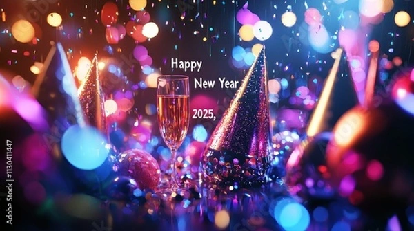 Fototapeta A burst of color splash behind the text "Happy New Year 2025," with glittery accents and party elements like hats and champagne glasses