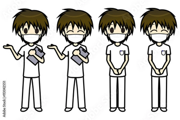 Obraz シンプルキャラクター　会話・表情イラスト集　看護師（マスク）　男性　案内