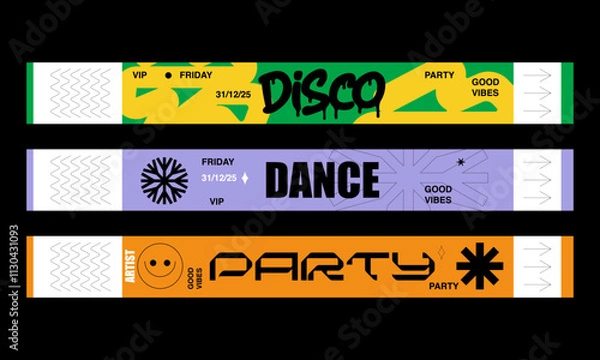 Fototapeta Control ticket bracelets for events, disco, festival, fan zone, party, staff. Vector mockup of a festival bracelet in a futuristic y2k style.