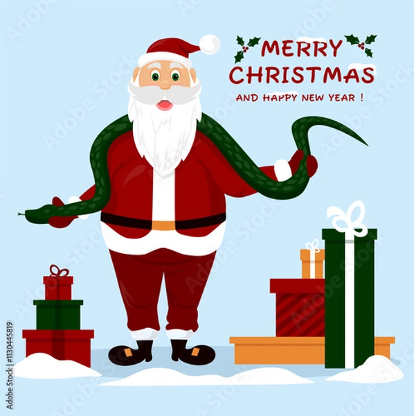 Obraz Santa Claus with snake and presents. Merry Christmas and happy new year. Christmas card vector design. 