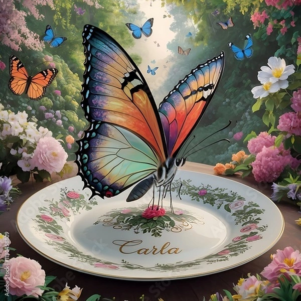 Fototapeta butterfly sitting on a plate in garden open wing illustration