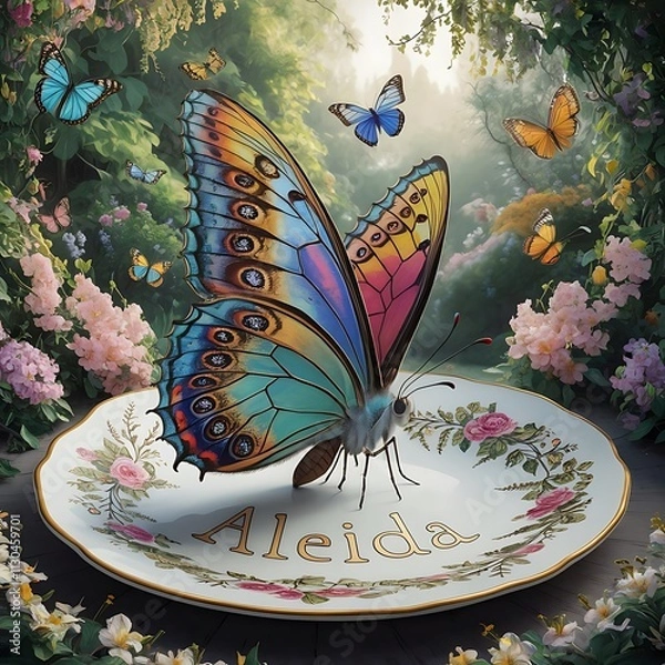 Obraz butterfly sitting on a plate in garden open wing illustration