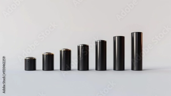 Fototapeta A line of AA rechargeable batteries standing upright in decreasing order of height on a solid white background.