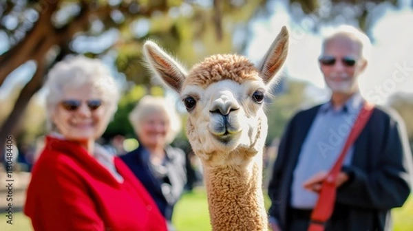 Obraz A therapy alpaca standing near an elderly group at an outdoor senior center event
