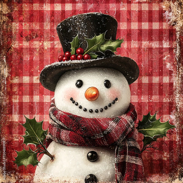 Fototapeta Smiling snowman with plaid scarf and holly hat on rustic red checkered background—ideal for festive greeting cards, winter ads, or holiday social media.