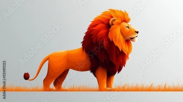 Fototapeta A flat, 2D vector illustration of a lion standing in profile, minimalist design, bold clean lines, on a white backgroundLion enjoying nature at sunset in a cute cartoon style