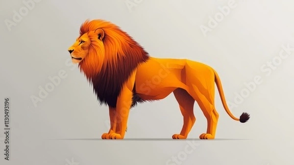 Fototapeta A flat, 2D vector illustration of a lion standing in profile, minimalist design, bold clean lines, on a white backgroundLion enjoying nature at sunset in a cute cartoon style