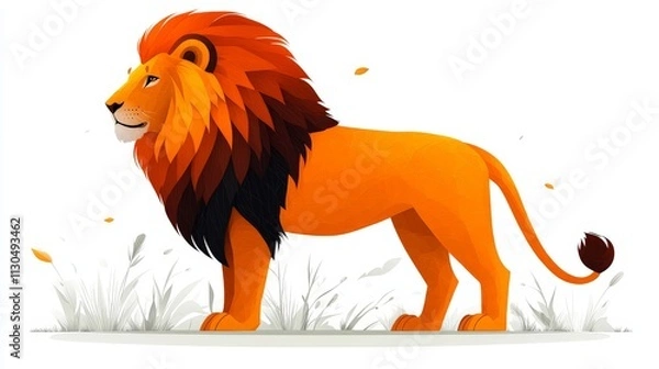 Fototapeta A flat, 2D vector illustration of a lion standing in profile, minimalist design, bold clean lines, on a white backgroundLion enjoying nature at sunset in a cute cartoon style