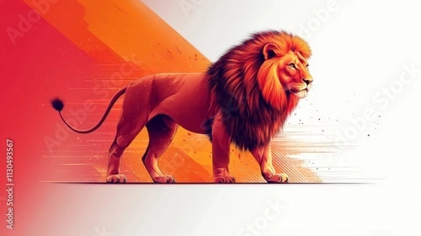Fototapeta A flat, 2D vector illustration of a lion standing in profile, minimalist design, bold clean lines, on a white backgroundLion enjoying nature at sunset in a cute cartoon style