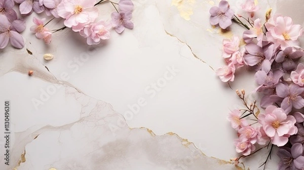 Fototapeta An elegant marble backdrop with a combination of soft pink flowers and intricate golden details