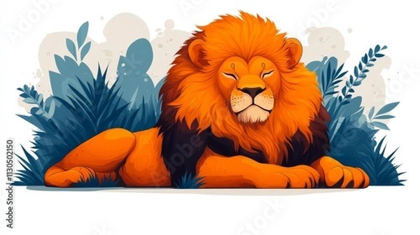Fototapeta A lion resting, flat vector 2D cartoon style, bold lines, simple background.
