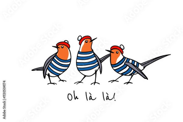 Fototapeta Vector illustration of hand drawn cute robins in traditional parisian berets with text below: "Oh, dear!" Ink drawing, funny illustration,  beautiful animal design elements.