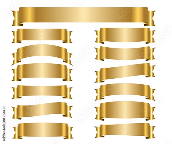 Obraz Ribbon gold banners set. Sign golden satin blank for promotion, web, advertising text. Collection shiny scrolls design decoration elements. Symbol vintage label, isolated on white. Vector illustration