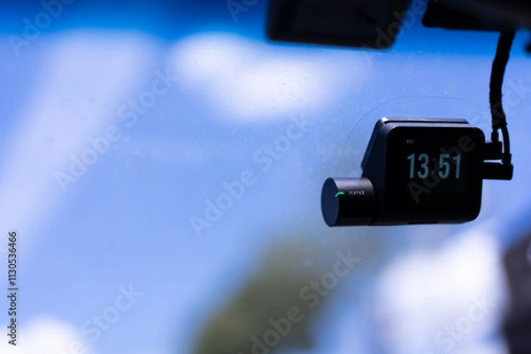 Fototapeta A small video camera records events. Attached to the windshield. Video monitoring concept for human driving safety